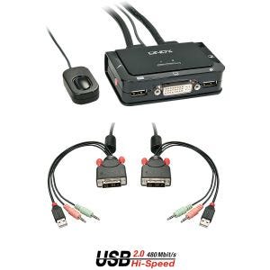 Lindy - Switch KVM DVI-D Single Link, USB 2.0 & audio, 2 ports
