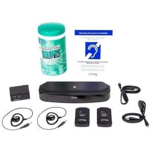 Listen IR LS-90-E3 Pack composé de 1 émetteur/radiateur LT-84, 2 récepteurs LR-4200-IR, 2 boucles LA-430, 2 écouteurs LA-401, 1 chargeur USB, 1 boite de lingettes et 1 kit de signalisation (anglais)